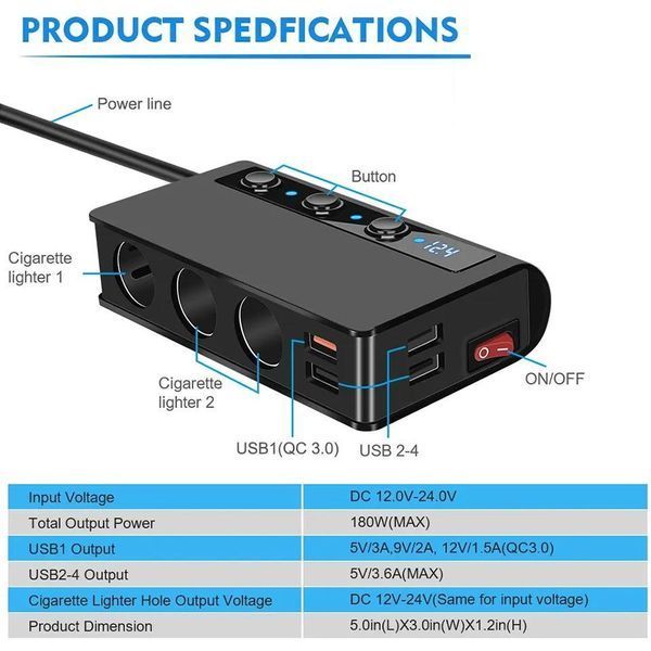 Розгалужувач прикурювача для авто 12-24 вольт на 3 гнізда usb, Type - c 180 Вт 45702870 фото
