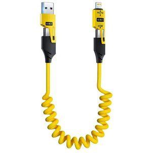Кабель для быстрой зарядки телефона USB-A + Type-C на Type-C + Lightning 4 в 1 (65Вт), пружинный, жёлтый, 1.5 м 38705607 фото