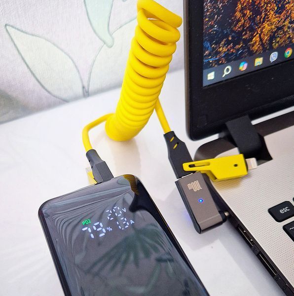 Кабель для швидкого заряджання телефону USB-A+Type-C на Type-C+Lightning 4 в 1 (65Вт), пружинний, жовтий, 1.5 м 38705607 фото