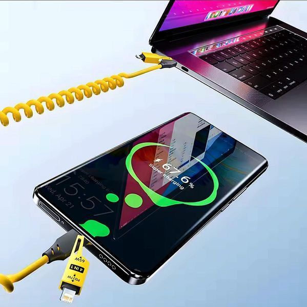 Кабель для швидкого заряджання телефону USB-A+Type-C на Type-C+Lightning 4 в 1 (65Вт), пружинний, жовтий, 1.5 м 38705607 фото