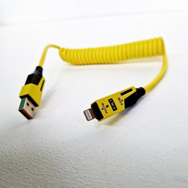 Кабель для швидкого заряджання телефону USB-A+Type-C на Type-C+Lightning 4 в 1 (65Вт), пружинний, жовтий, 1.5 м 38705607 фото