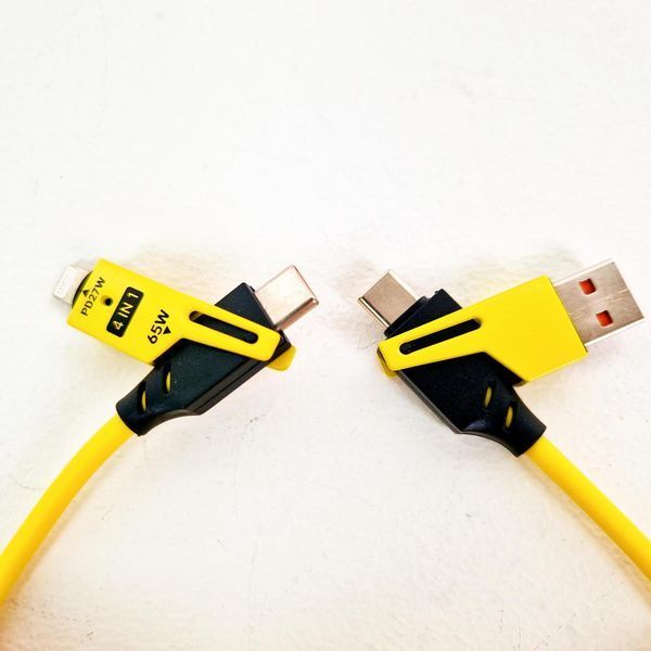 Кабель для швидкого заряджання телефону USB-A+Type-C на Type-C+Lightning 4 в 1 (65Вт), пружинний, жовтий, 1.5 м 38705607 фото